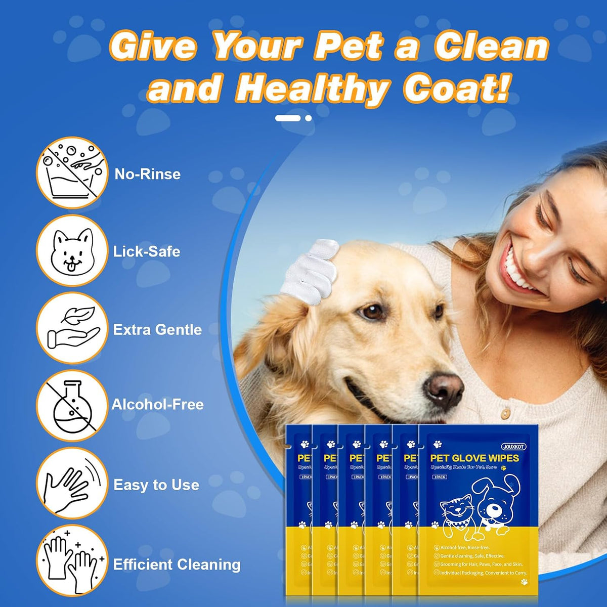18 Pcs Pet Glove Wipes for Dogs and Cats, Deodorizing, Individually Wrapped Cleaning Gloves, Hypoallergenic Coconut Oil Grooming Wipes, for Pet Dry Cleaning, Daily Care, and Travel