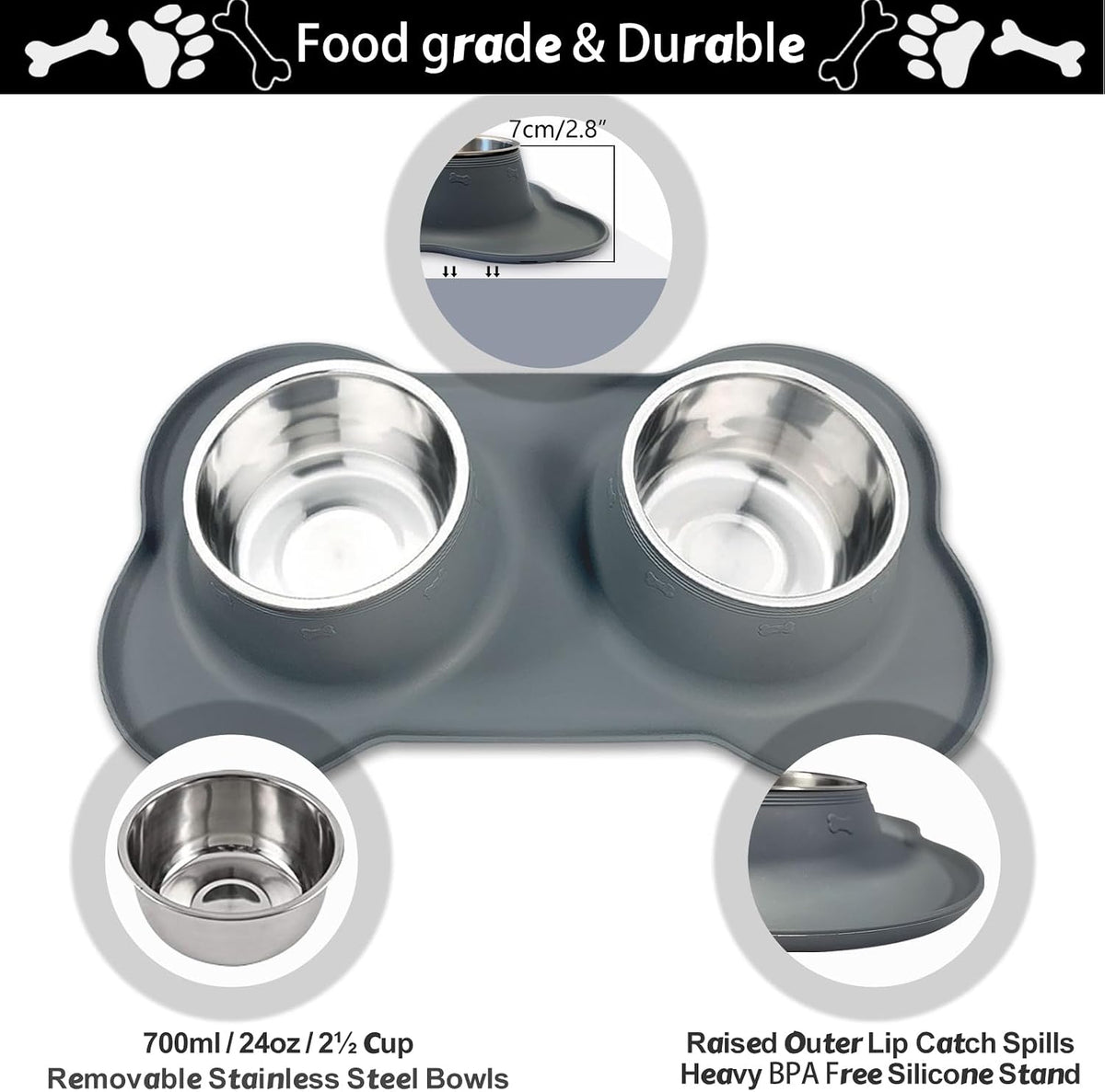 AsFrost Dog Food Bowls Stainless Steel Dog Food & Water Bowl Set with No Spill No Slip Silicone Mat, Dog Dishes for Small Medium Size Dogs Pet Cat Puppy Food Feeding Bowls, Grey, 24oz, 3 Cup 