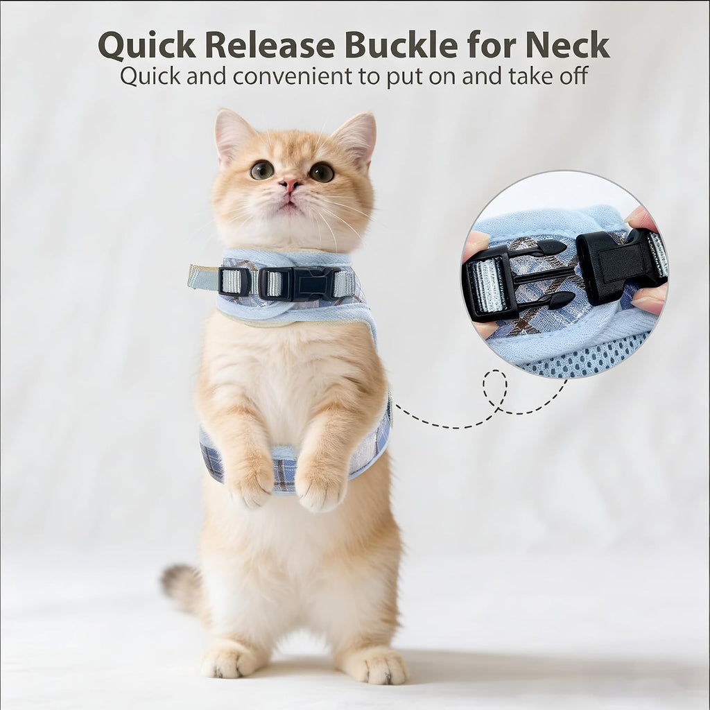 AIITLE Plaid Adjustable Cat Harness and Leash Set Escape Proof, Blue L
