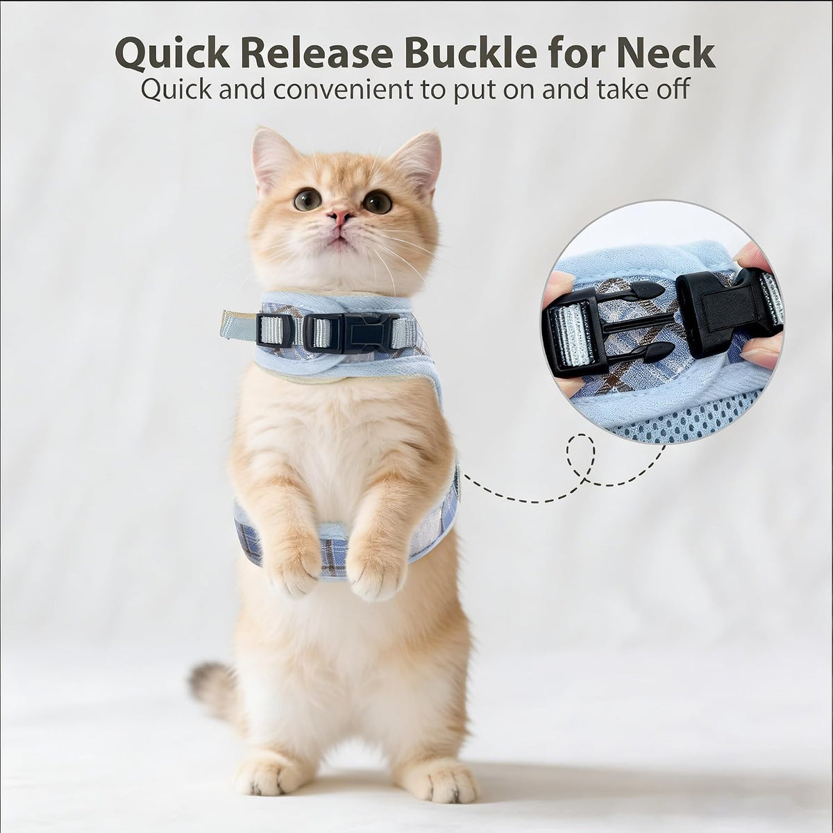 AIITLE Plaid Adjustable Cat Harness and Leash Set Escape Proof, Blue L