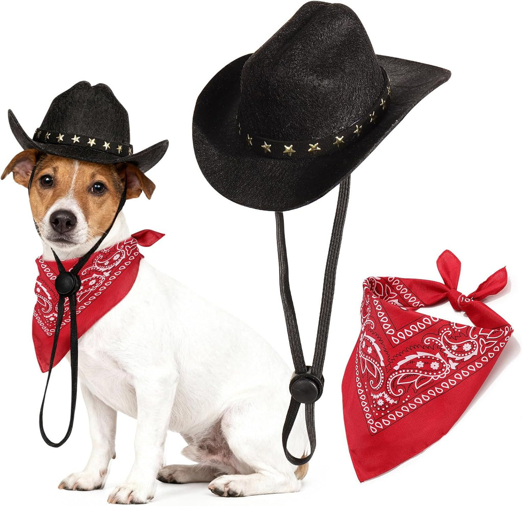 Pet Cowboy Costume, Dog Cowboy Hat with Bandana Scarf, Adjustable Cat Cowboy Hat for Party Cosplay Christmas, Halloween Cowboy Costumes for Small Pet Dogs Cats (Black, Medium)