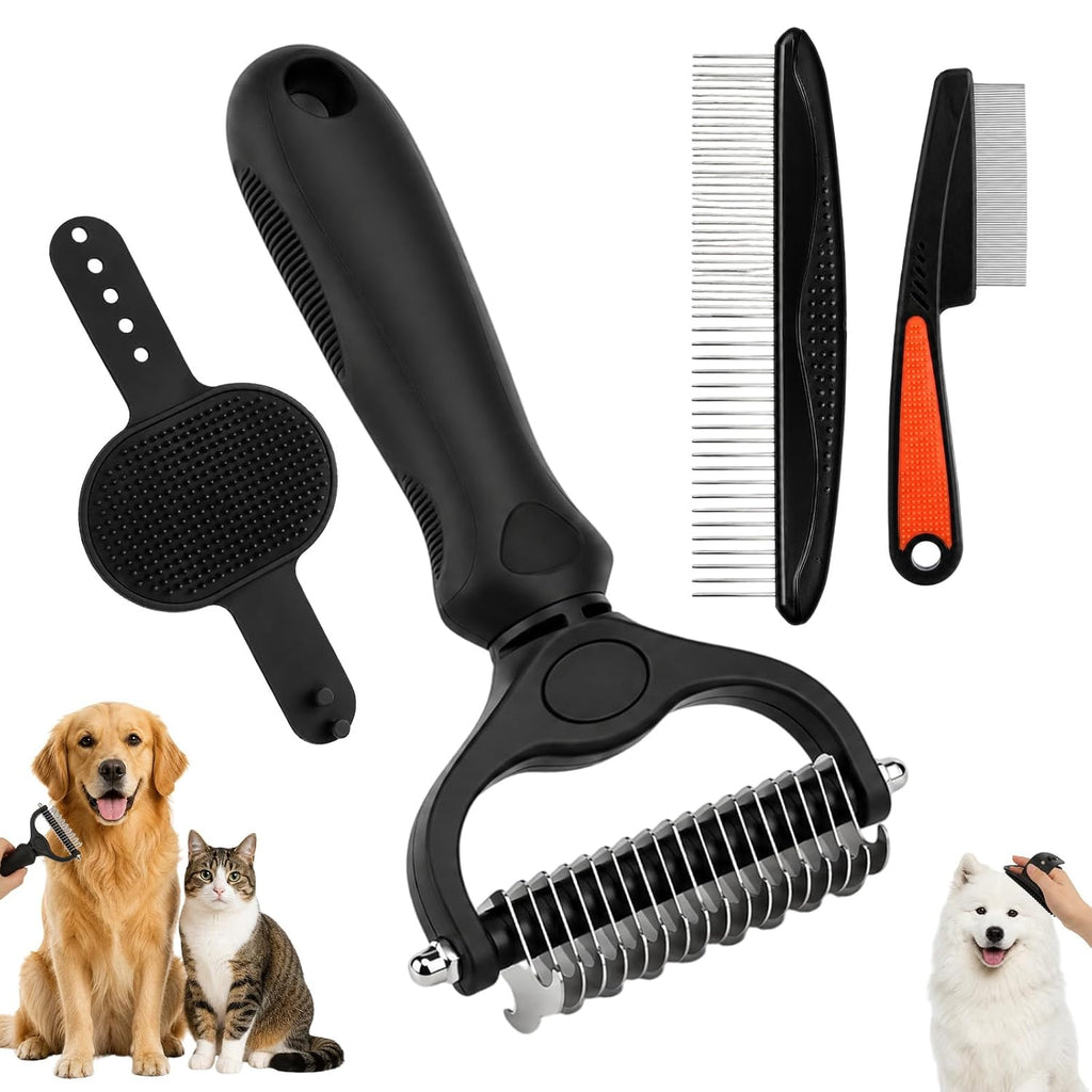 Double-Sided Pet Grooming Rake Set of 4, with Metal Comb Flea Comb Bath Brush for Long & Short Haired Pets to Effectively Remove Tangles, Knots and Mats