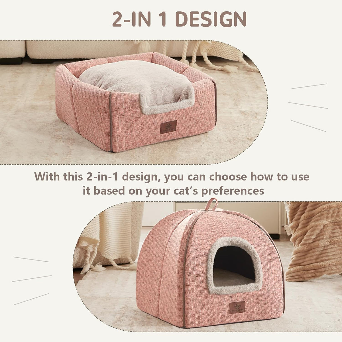 Cat Beds for Indoor Cats, 2-in-1 Cat Bed Cave with Anti-Slip Bottom, Cozy Cats House Tent Suitable for All Seasons, for Small & Medium-Sized Pets Pink(M:15X15X15Inch)
