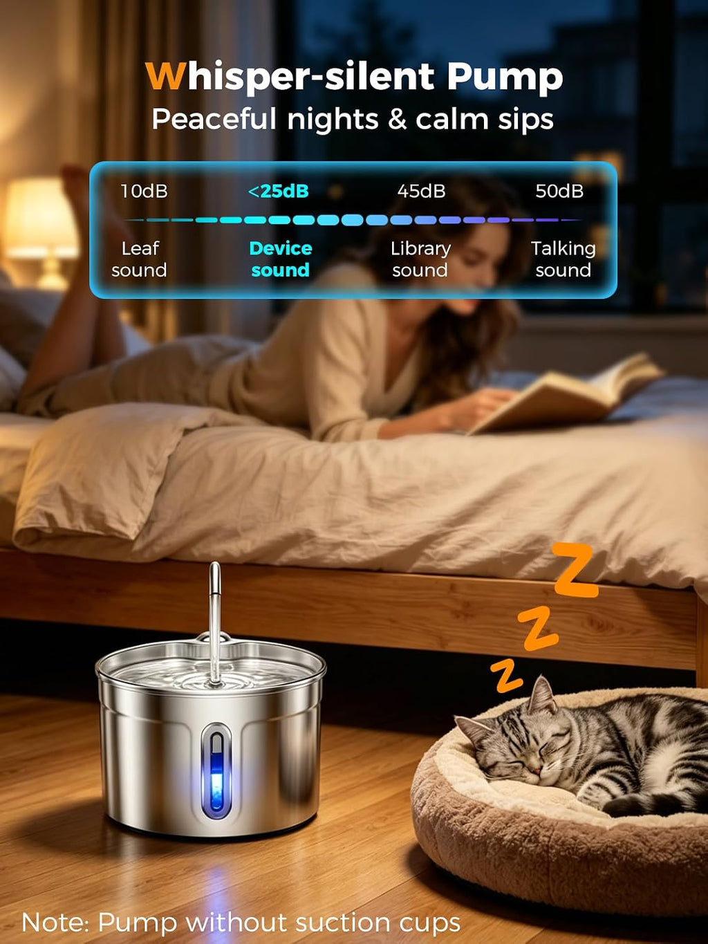 Stainless Steel Cat Water Fountain - 74oz/2.2L Ultra-Silent