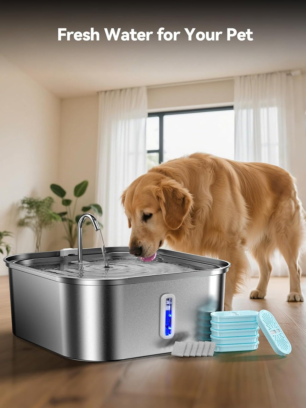 Large Dog Water Fountain 14L/3.7Gal, Stainless Steel Pet Fountain for Large Dogs and Multi-Pets, with Window & Extra Wide Drinking Area, Square Design Enlarges Capacity & Saves Space (6 Newly Filters)