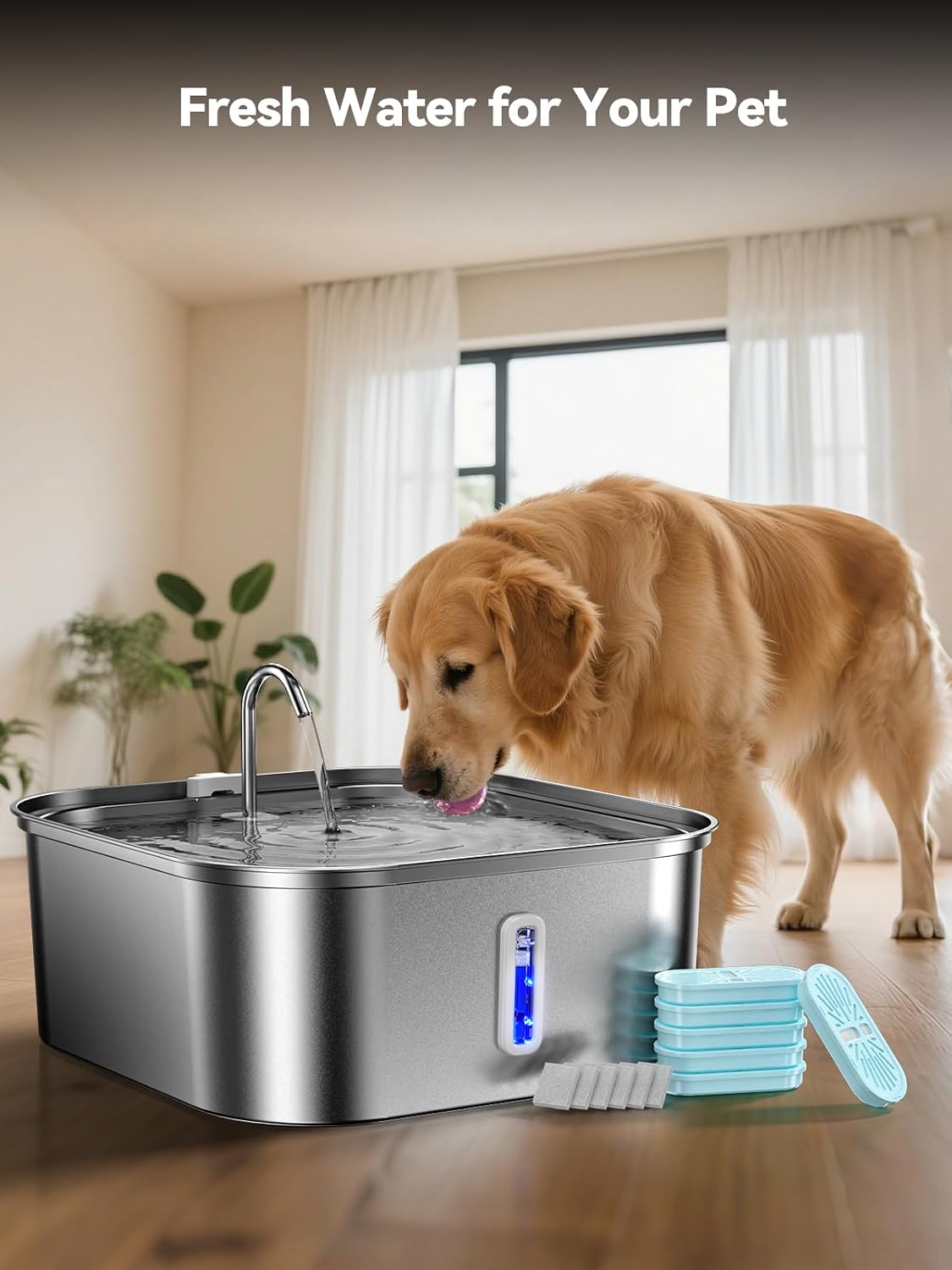 Large Dog Water Fountain 14L/3.7Gal, Stainless Steel Pet Fountain for Large Dogs and Multi-Pets, with Window & Extra Wide Drinking Area, Square Design Enlarges Capacity & Saves Space (6 Newly Filters)
