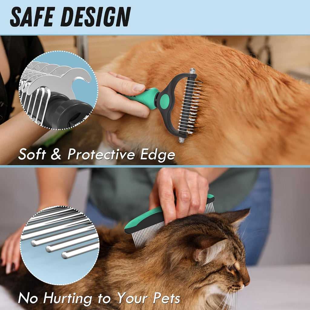 Docrok Pet Grooming Brush and Metal Comb Combo for Dogs & Cats, Green | Dematting Deshedding Undercoat Rake, Cat Brush Dog Brush Shedding Tool for Long Matted Haired Pets