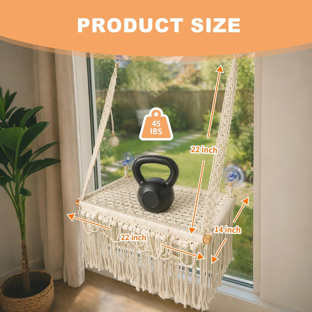 Cat Window Perch with Foldable Hook,22"x14",Handwoven Catio,Macrame Cat Window Perch, Bohemian Cotton Hammock with 3 Sides Tassels