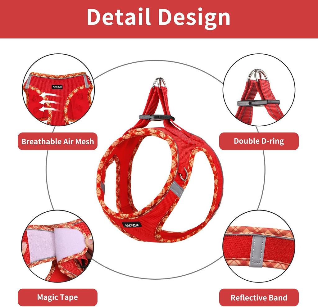 AMTOR Small Dog Harness with Leash Set, No Escape Easy Walk Puppy Harnesses for Training Walking, Step-in Reflective Soft Dogs Vest for XS S Medium Extra-Small Large Sized Dog(Red,XL)