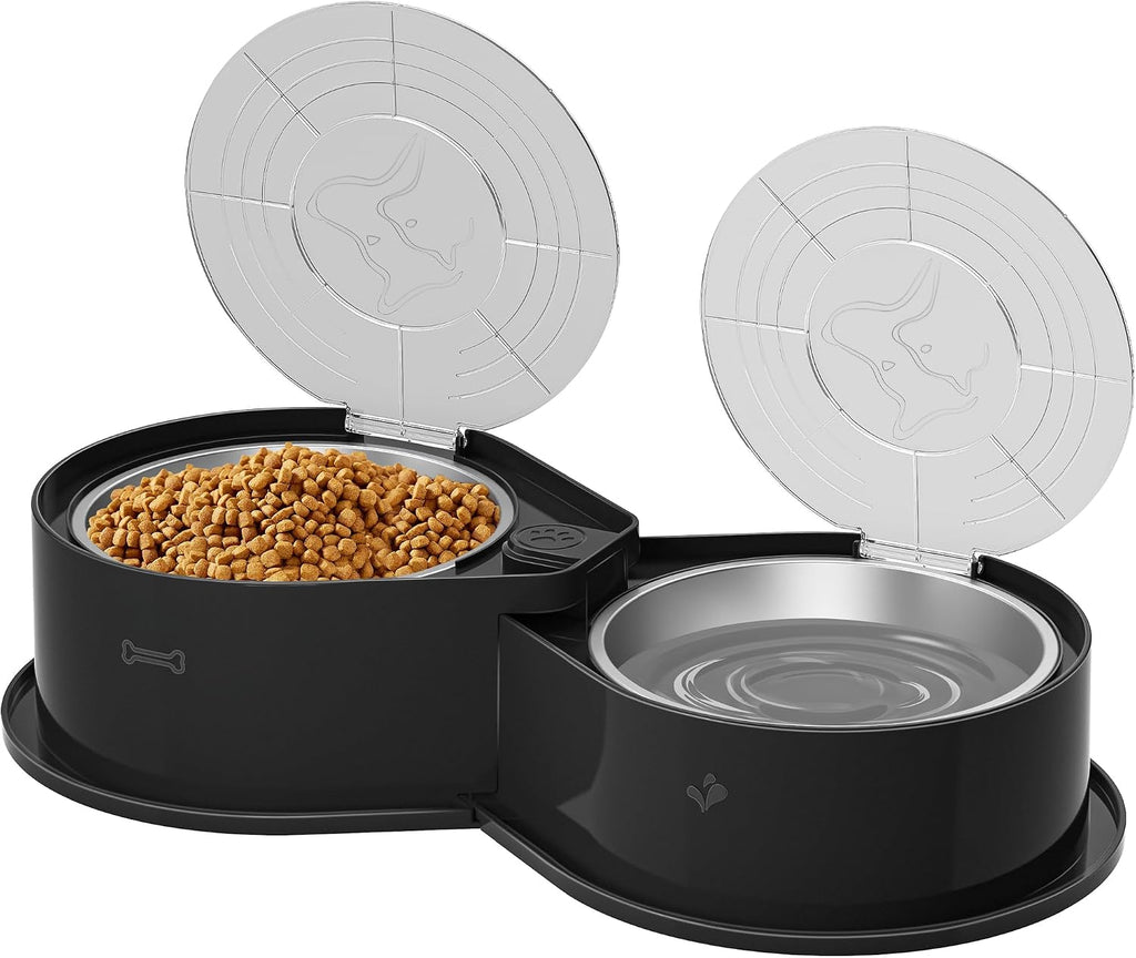 Newget 304 Stainless Steel Dog Bowl Set with Lids, 24oz Foldable Pet Dishes | Dual Food & Water Pet Bowl, Anti-Skid, Keeps Food Fresh, Easy to Install, for Small - Large Dogs/Cats - Indoor & Outdoor Use