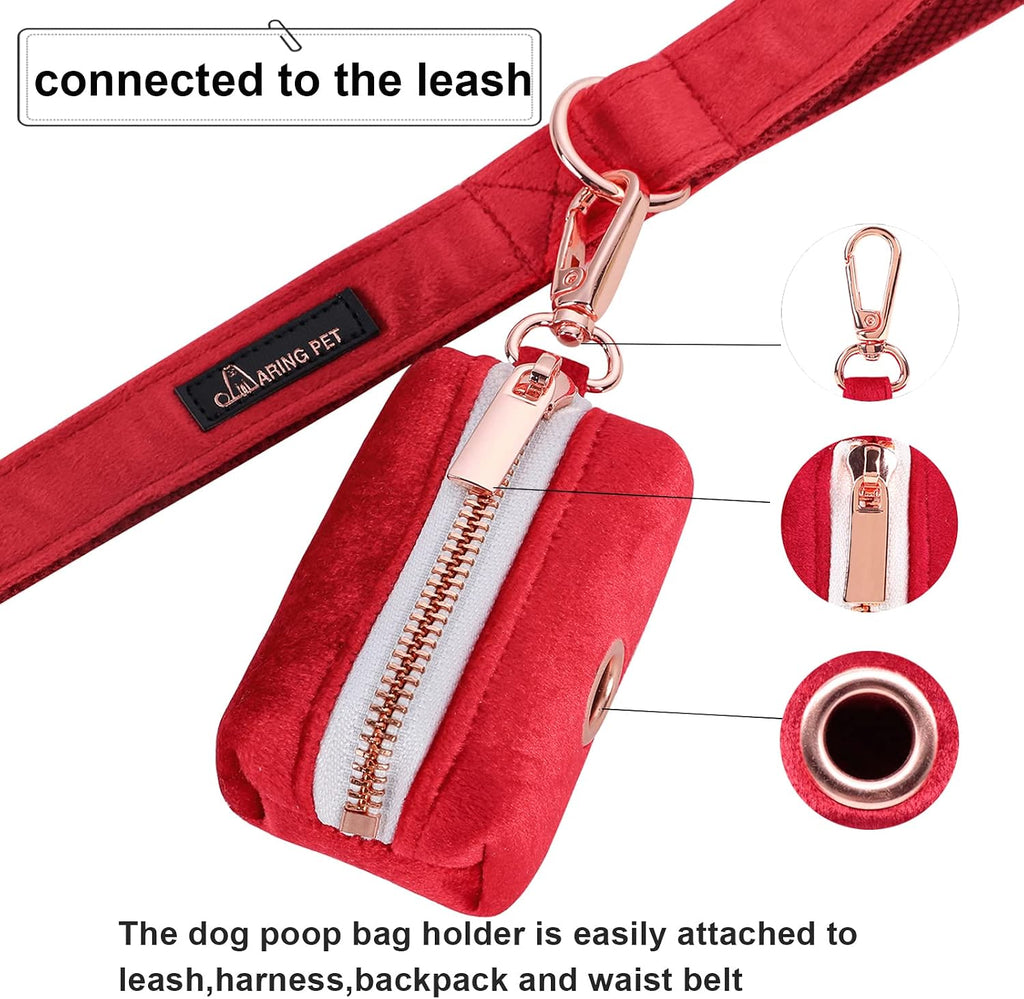 ARING PET Dog Waste Bag Dispenser, Soft Doggy Poop Bags Holders Attach to Any Leashes, Velvet Portable Washable Red Pet Waste Pouch Dispenser with Metal Zipper