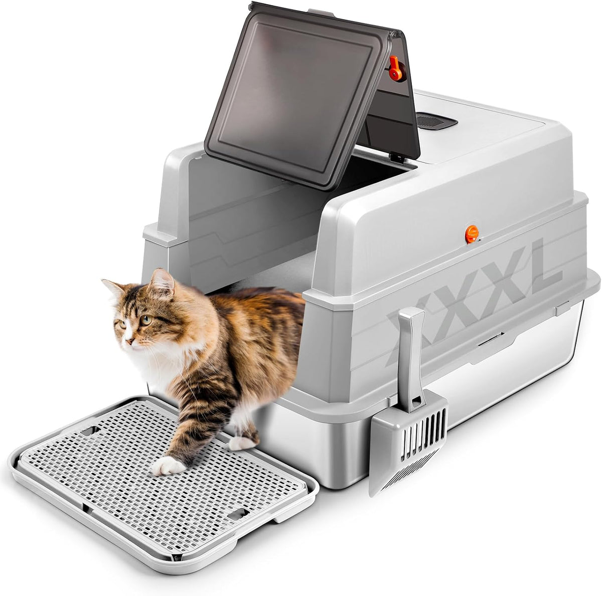 XXXL Stainless Steel Litter Box with Lid 28"x20"x17" Cat Box, Light Grey | Extra Large Enclosed Litter Box for Big Cats, High Sided Metal Cat Litter Box with Litter Scoop, Cat Step, Odor Control