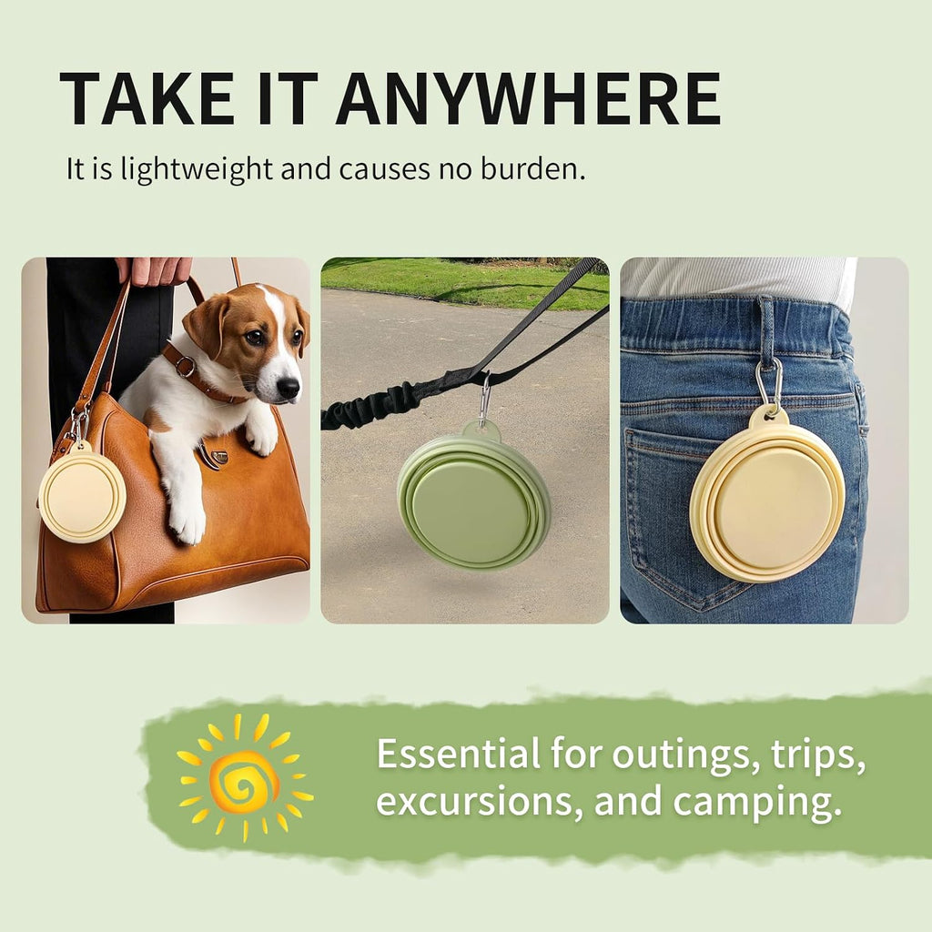 Collapsible Dog Bowls 2-Pack, Portable Travel Dog Bowl with Carabiner, Food-Grade Silicone Pet Bowl for Hiking, Walking(Macaron Yellow and Green)