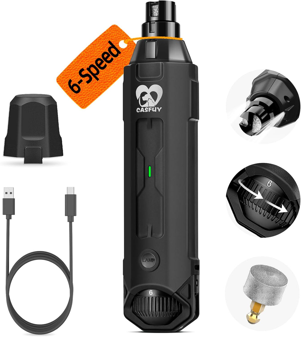 Casfuy 6-Speed Dog Nail Grinder - Newest Enhanced Pet Nail Grinder Super Quiet Electric Dog Nail Trimmer Rechargeable Painless Paws Grooming & Smoothing Tool for Large Medium Small Dogs (Grey)