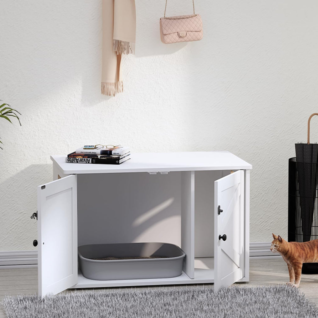 Timberer Cat Litter Box Enclosure, Hidden Litter Box Furniture with Divider | Wooden Cat Washroom Furniture, Indoor Cat House, Dog-Proof, Fits Most of Litter Box, White