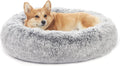 Bedfolks Calming Fluffy Donut Dog Bed for Medium Dogs,Dark Grey, 30" Round