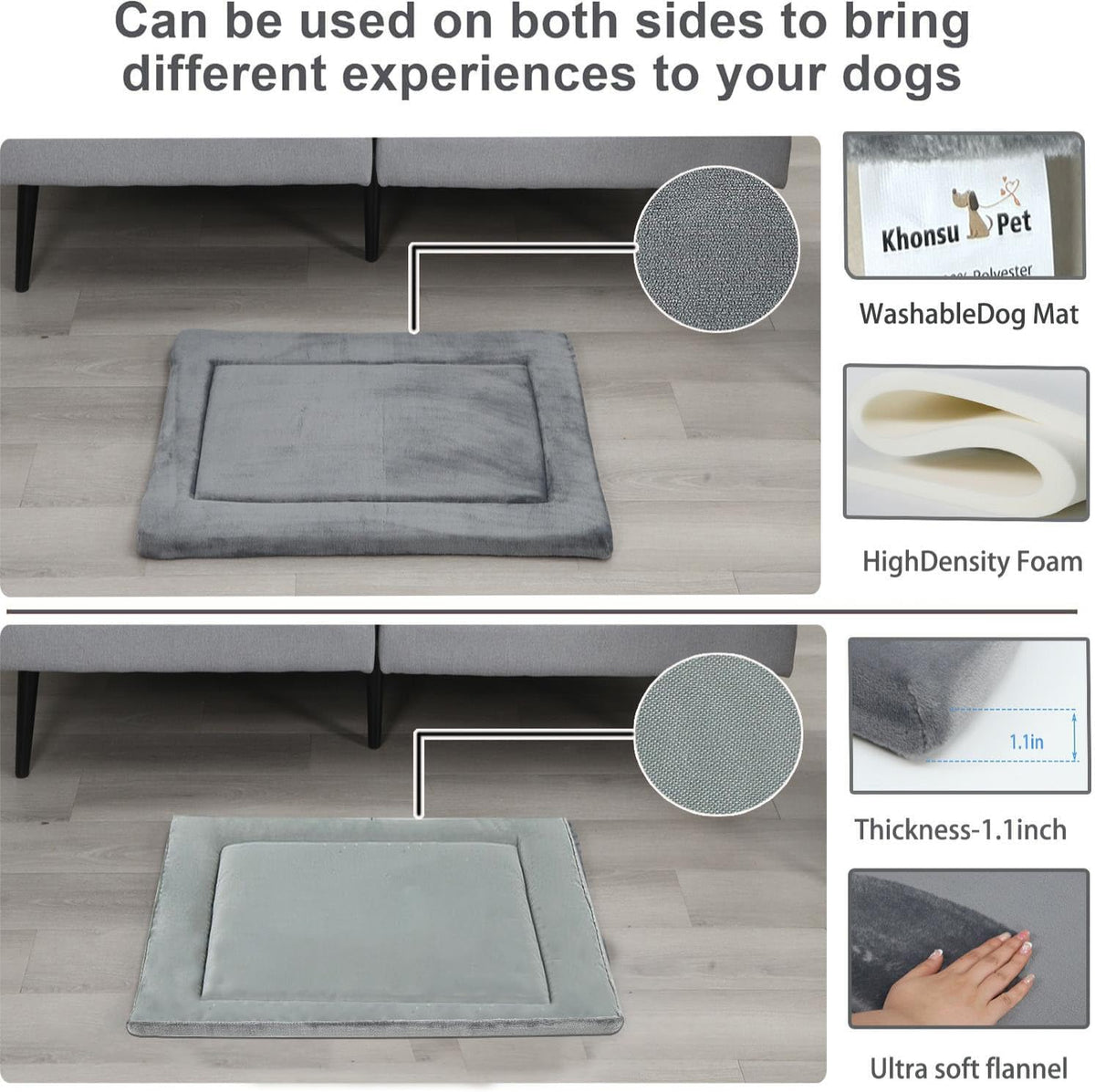 KHONSU PET Dog Bed Mat for Crate 1.1in Slim Cooling Pad Reversible Flannel & Waterproof Canva for Medium Dogs up to 45 lbs, Fits 30"x20" Basic Crate