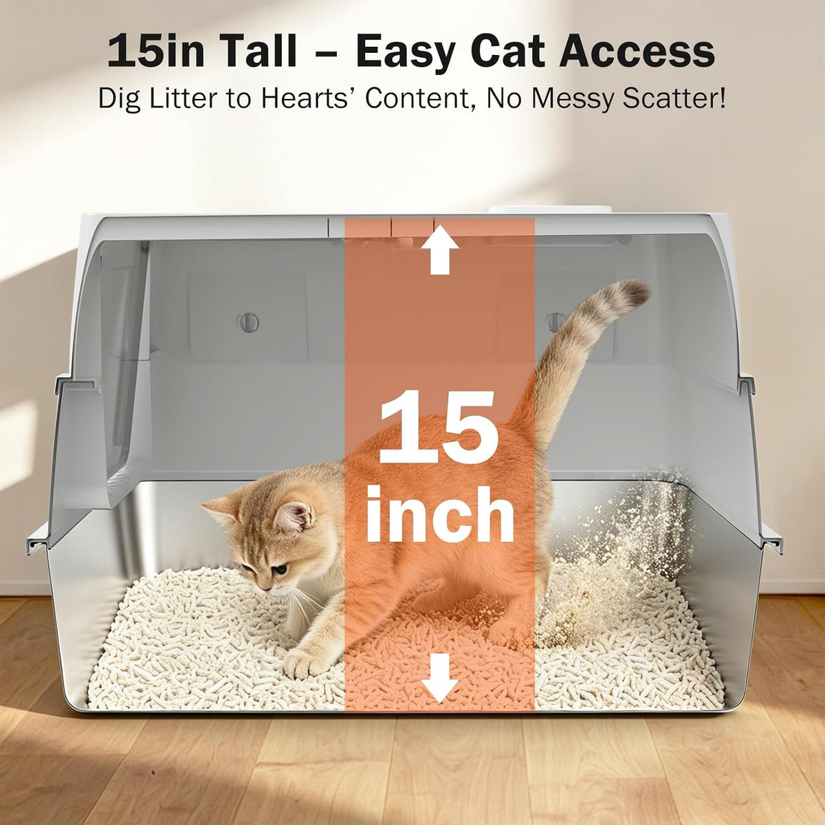 Stainless Steel Litter Box with Lid, Heavy Duty Extra Large Enclosed Metal Cat Litter Pan, Built-in Carry Handle & 120° Flip-Top for Easy Clean, Leak-Proof with Cat Scoop Holder & Odor Control, Gray