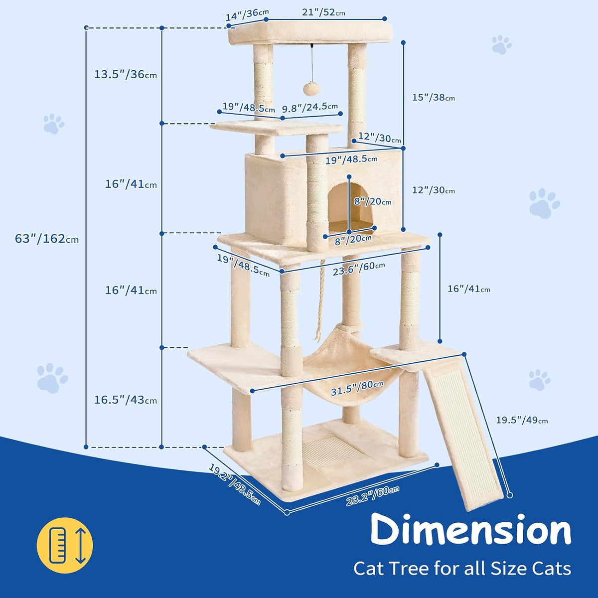 Cat Craft Cat Tree 63 Inch Cat Tower for Indoor Cats, Multi-Level Cat Tree for Large Cats 20 lbs+ Heavy Duty Cat Tower with Sisal Scratching Posts, Hammock, Condo and Extended Platform, Beign