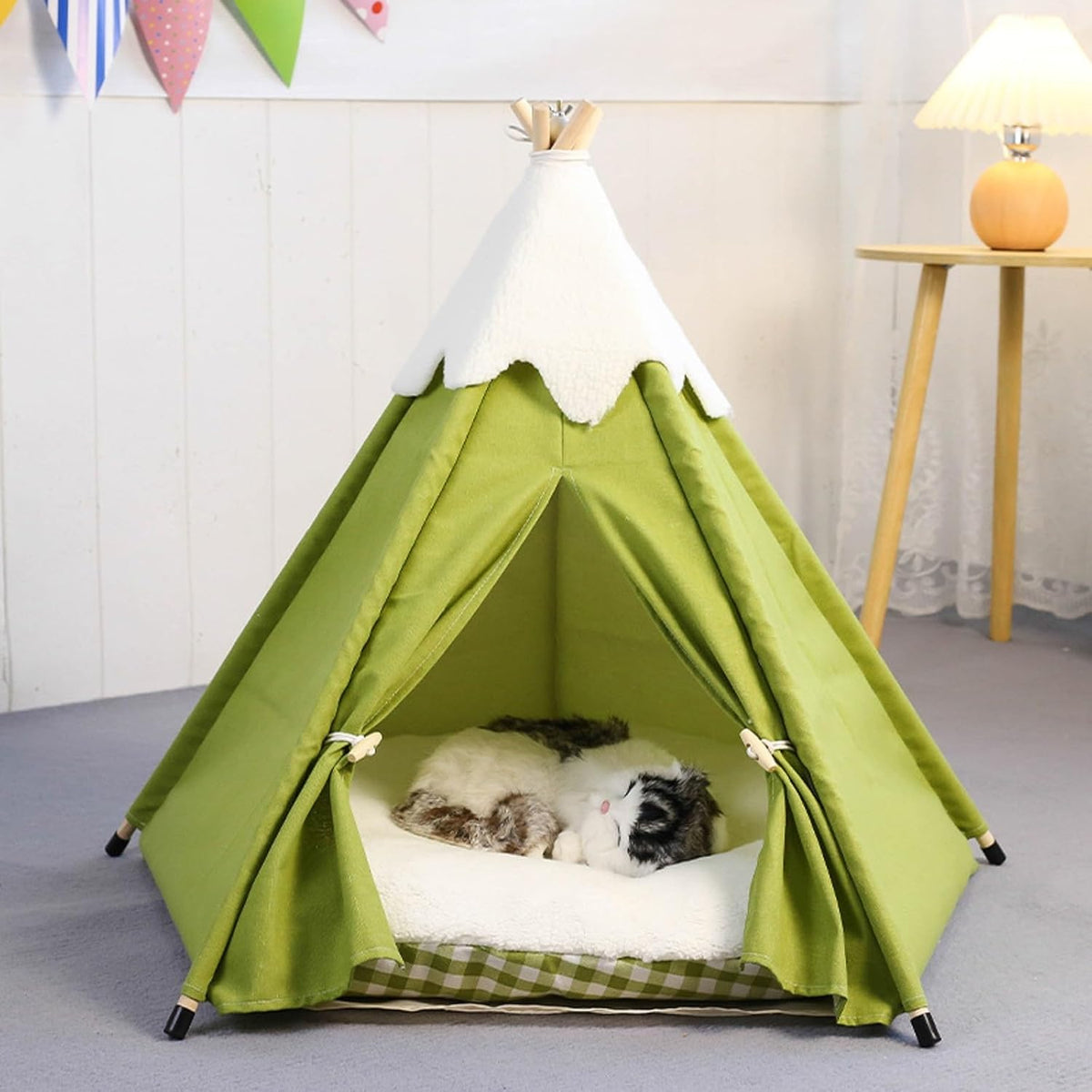 Cat Teepee Tent Bed,Outdoor Indoor Dog House,Portable Washable Pet Tent for Small Dogs with Cushion,Inside Pet Teepee for Small Medium Animals (Green, M)