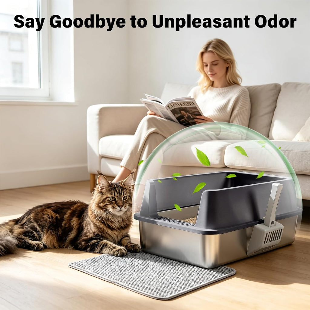 Stainless Steel Litter Box, XL Metal Litter Box with High Sides Lid