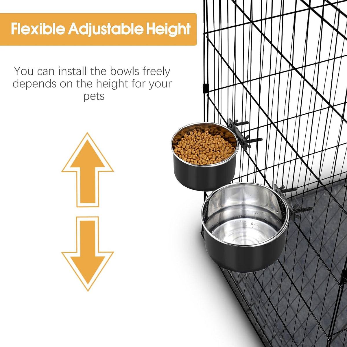 2 Pcs Stainless Steel Large Dog Crate Food Water Bowl, 77 & 45 OZ | Non-Spill, Detectable, Hanging Cage, Black Feeder Dish with Clamp Holder for Large Pets, Size 7.1x3.5'' & 6.3x2.6''