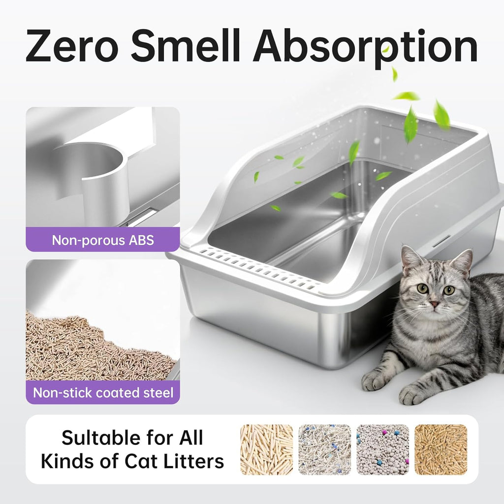 High-Sided Stainless Steel XL Cat Litter Box for Cats | High-sided design prevents urine leakage. Non-stick and easy to clean. Includes scoop (Gray)