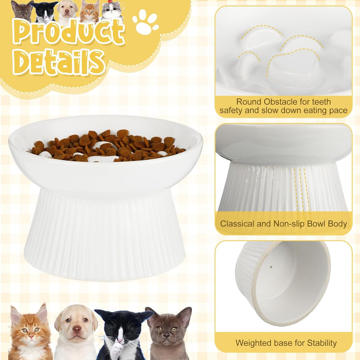 Tioncy 2 Pcs Ceramic Elevated Slow Feeder Cat Bowl, Black, White