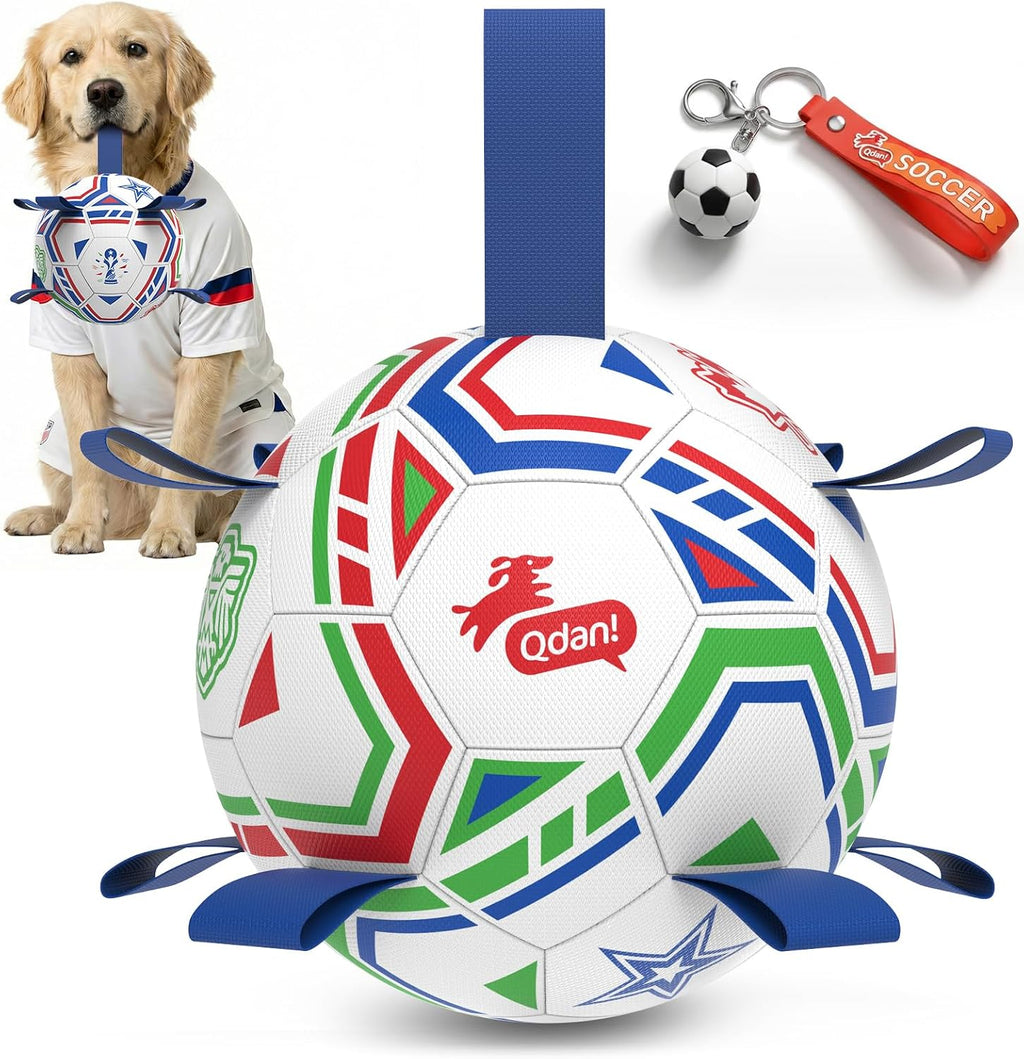 QDAN World Cup Soccer Ball for Dog, Large Herding Ball for 30-90 lbs Dogs | 8 Inch Dog Balls with Straps for Interactive, Tug and Training, Indoor Outdoor Toys for Medium Large Dogs, Water Dog Toy Ball