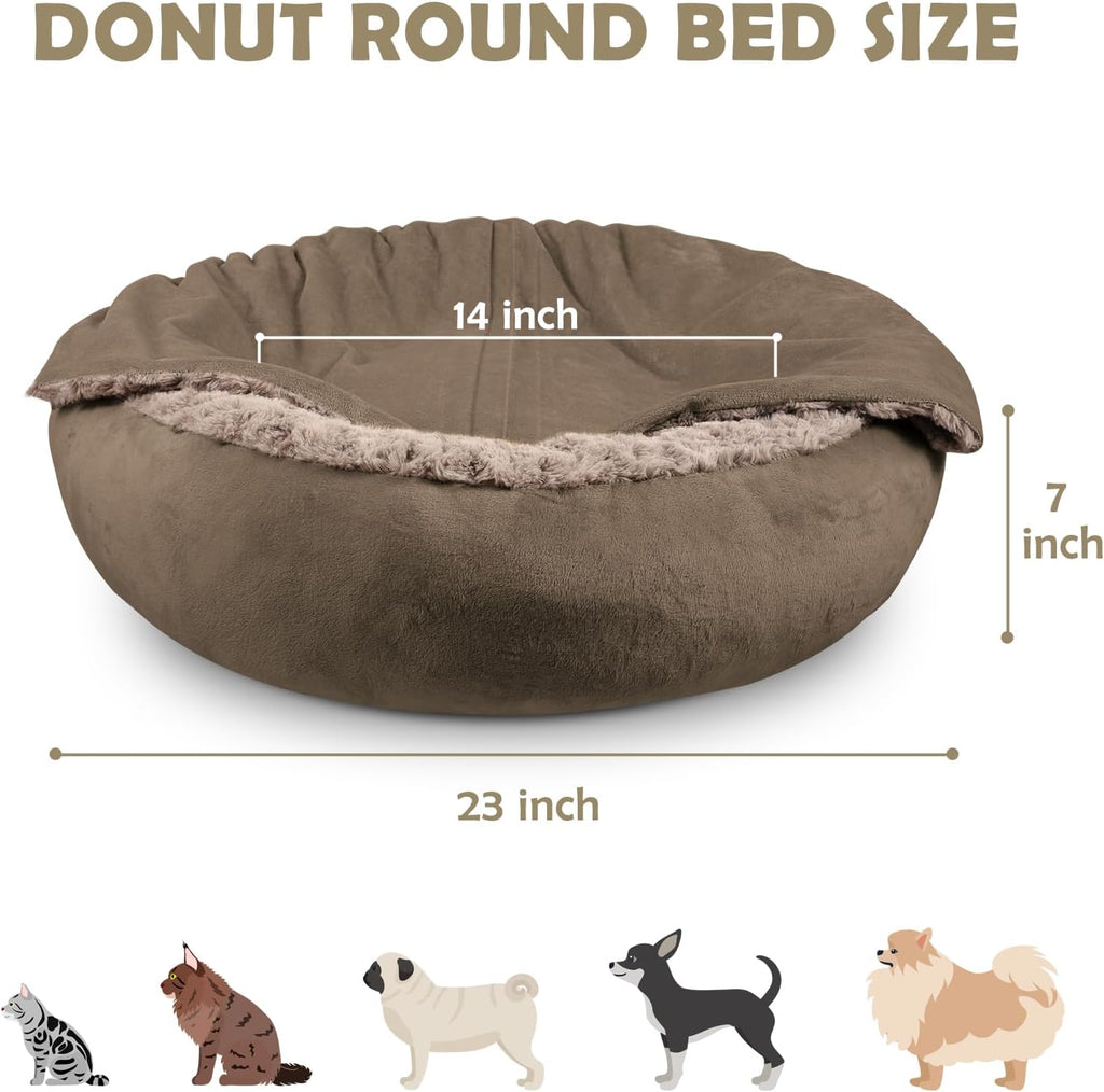 JOEJOY Small Dog Bed Cat Bed with Hooded Blanket, Cozy Cuddler Luxury Puppy Pet Bed, Donut Round Calming Anti-Anxiety Dog Burrow Cave Bed - Anti-Slip Bottom and Machine Washable 23 inch