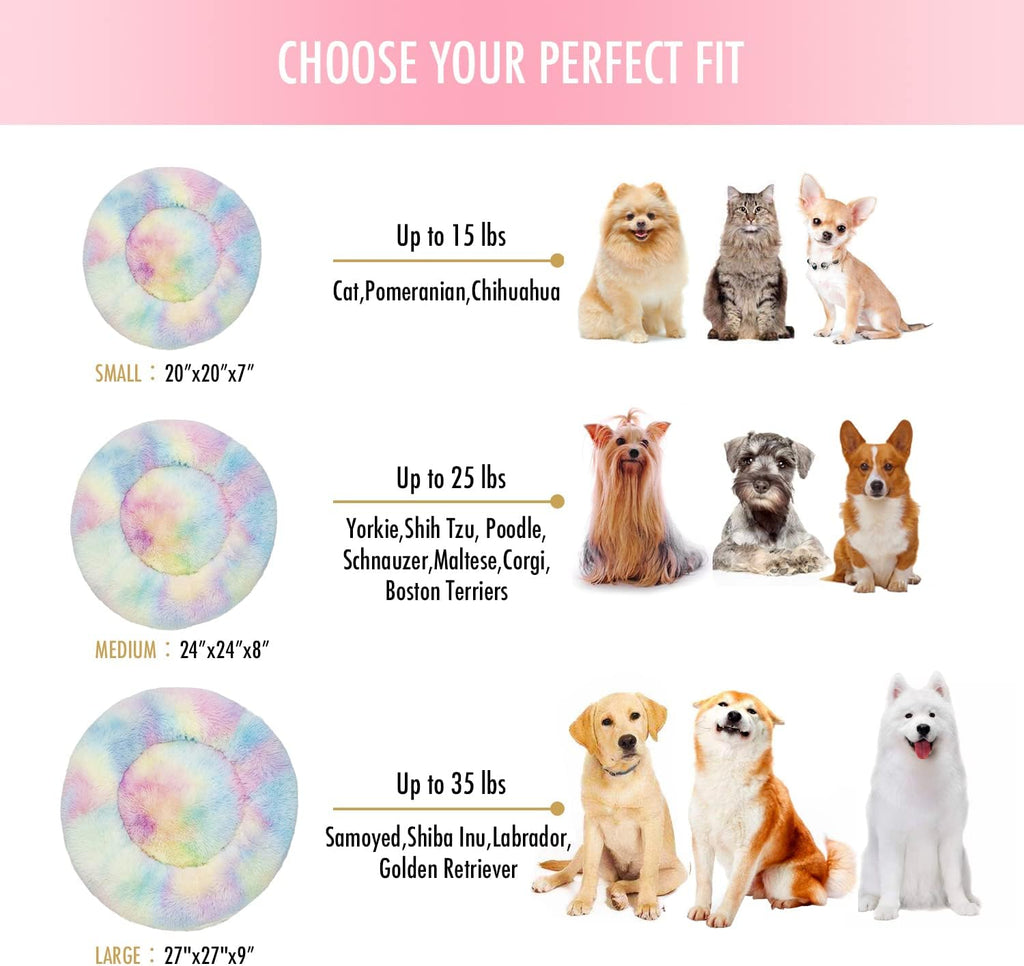 Anti Anxiety Round Fluffy Plush Faux Fur Warm Washable Dog Bed & Cat Bed, Original Bed for Small Medium Large Pets,Used to Relieve Joints and Improve Sleep（20"/24"/27''） (27", Rainbow)