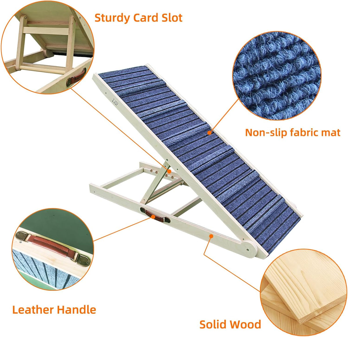 ZJSF Foldable Dog Ramp for High Bed, Wooden Dog Stairs to Bed for Small and Large Dogs, High Traction Platform with 6 Adjustable Heights (13.5"-30"), 48" L, Supports up to 220 lbs