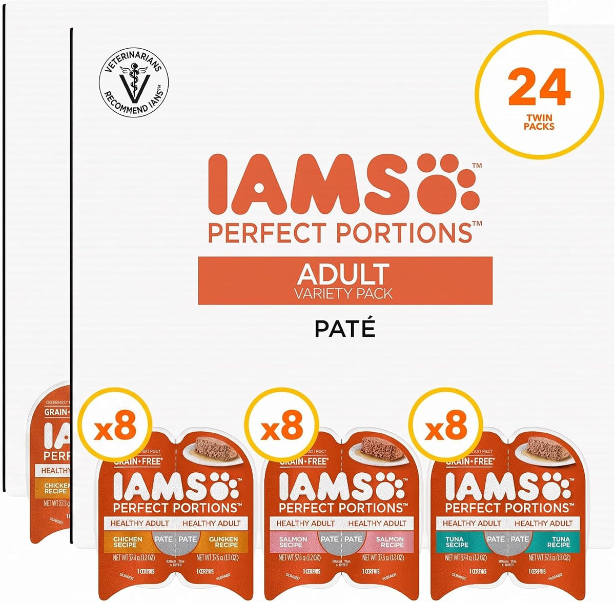 IAMS Perfect Portions Sensitive Digestion & Skin Wet Cat Food Pate, Healthy Adult Grain Free Pate, Chicken and Salmon Recipes, (24) 2.6 oz. Variety Twin-Pack Trays (Pack of 2)