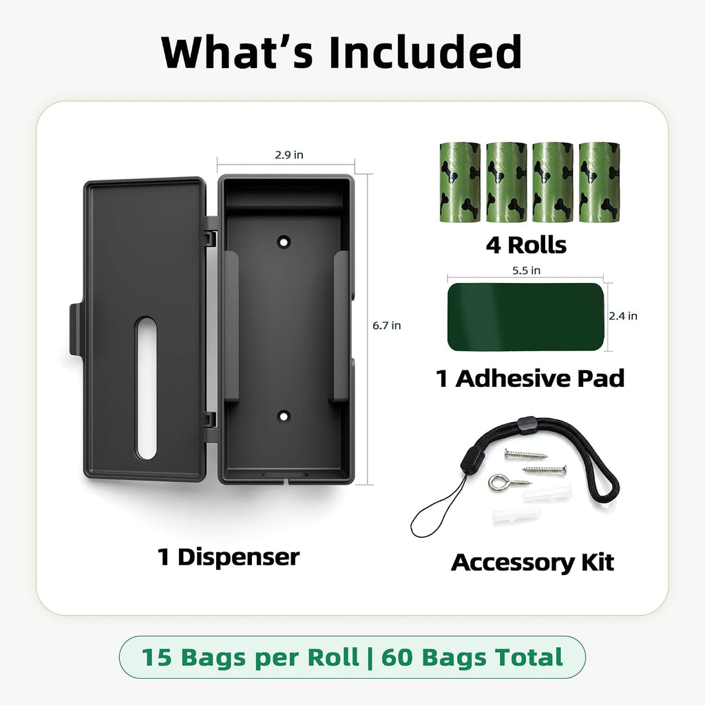 URSPET Dog Poop Bag Dispenser with 4 Rolls, Wall Mount Pet Waste Holder | Stick-On or Screw-On, Viewing Window, Easy Bag Pull, Flip-Top Refill, 60 Bags Included, Indoor and Outdoor Use