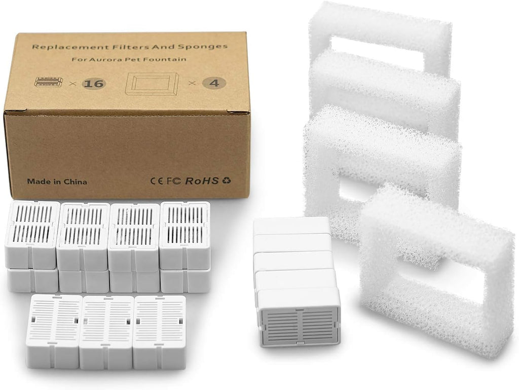 Cat Fountain Replacement Filters, 16 Carbon Filters with 4 Foam Filters, Compatible with Ceramic Cupcake and Wave Cat Fountain and 67oz/2L Stainless Steel Cat Water Fountain(20PACK)