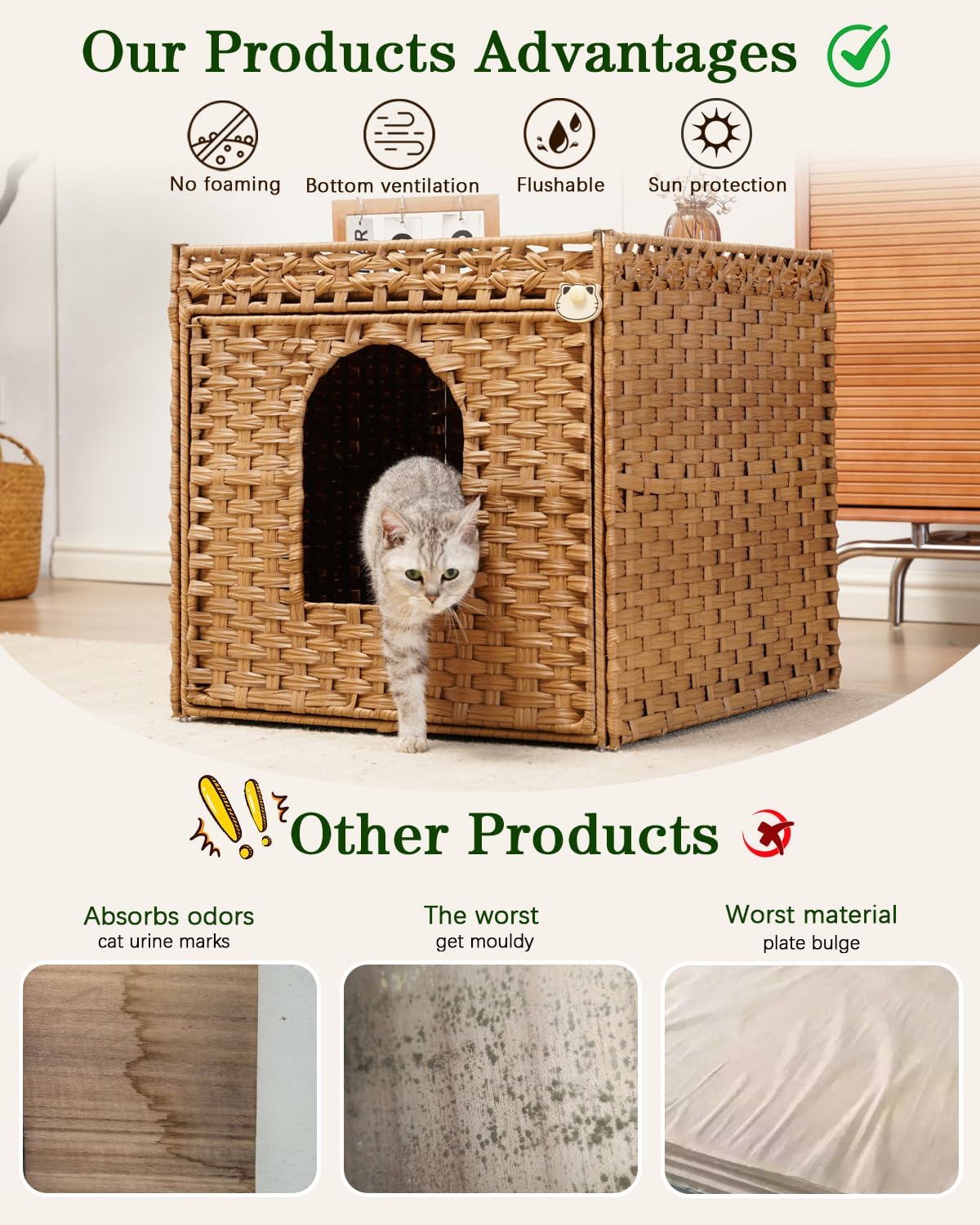 SETVSON Cat Litter Box Enclosure Furniture, Large PE Rattan Cabinet,Natural