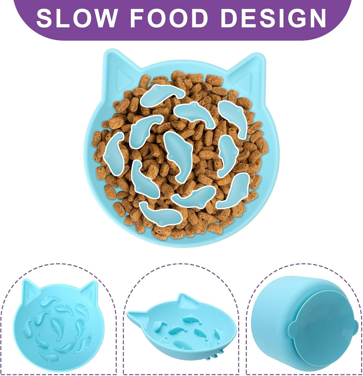 Silicone Cat Slow Feeder, Elevated Slow Feeder Bowl Tilt Design, Suitable for Dry and Wet Food, Adjustable Angle, Cat Food Puzzle with Suction Cup(Blue)