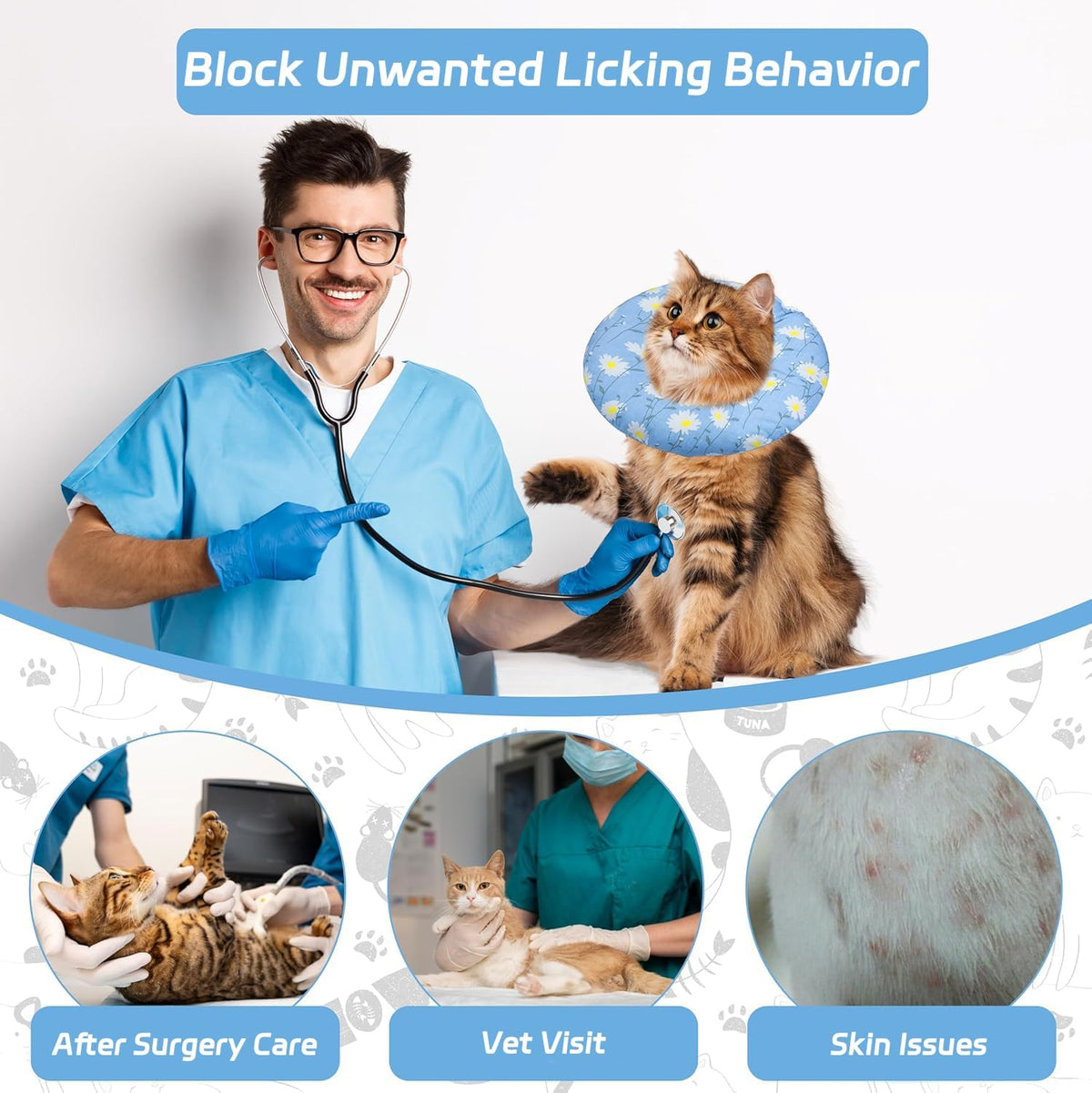 Seyezo Cat Cone Collar, Anti-Bite Cat Recovery Collar, Blue Daisy, Large