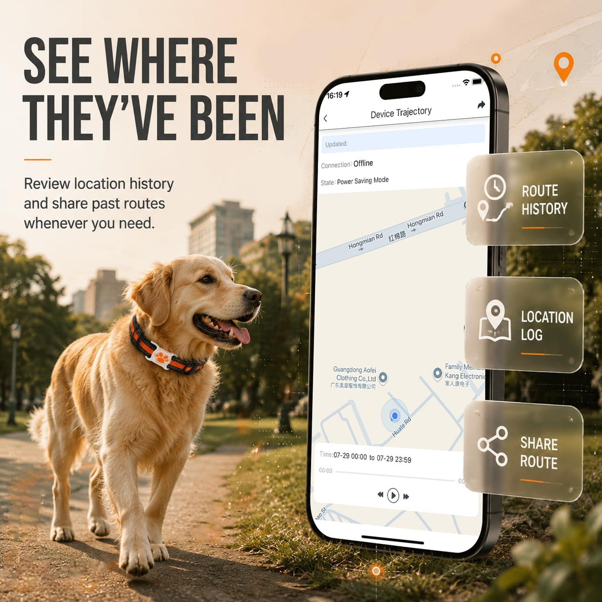 GPS Tracker for Dogs, Smart Collar with Real-Time Locator with Holder Pet Location Tracker, No Monthly Fee/No SIM Card, for Android and iOS, Ultra-Slim, IP68 Waterproof, Reliable
