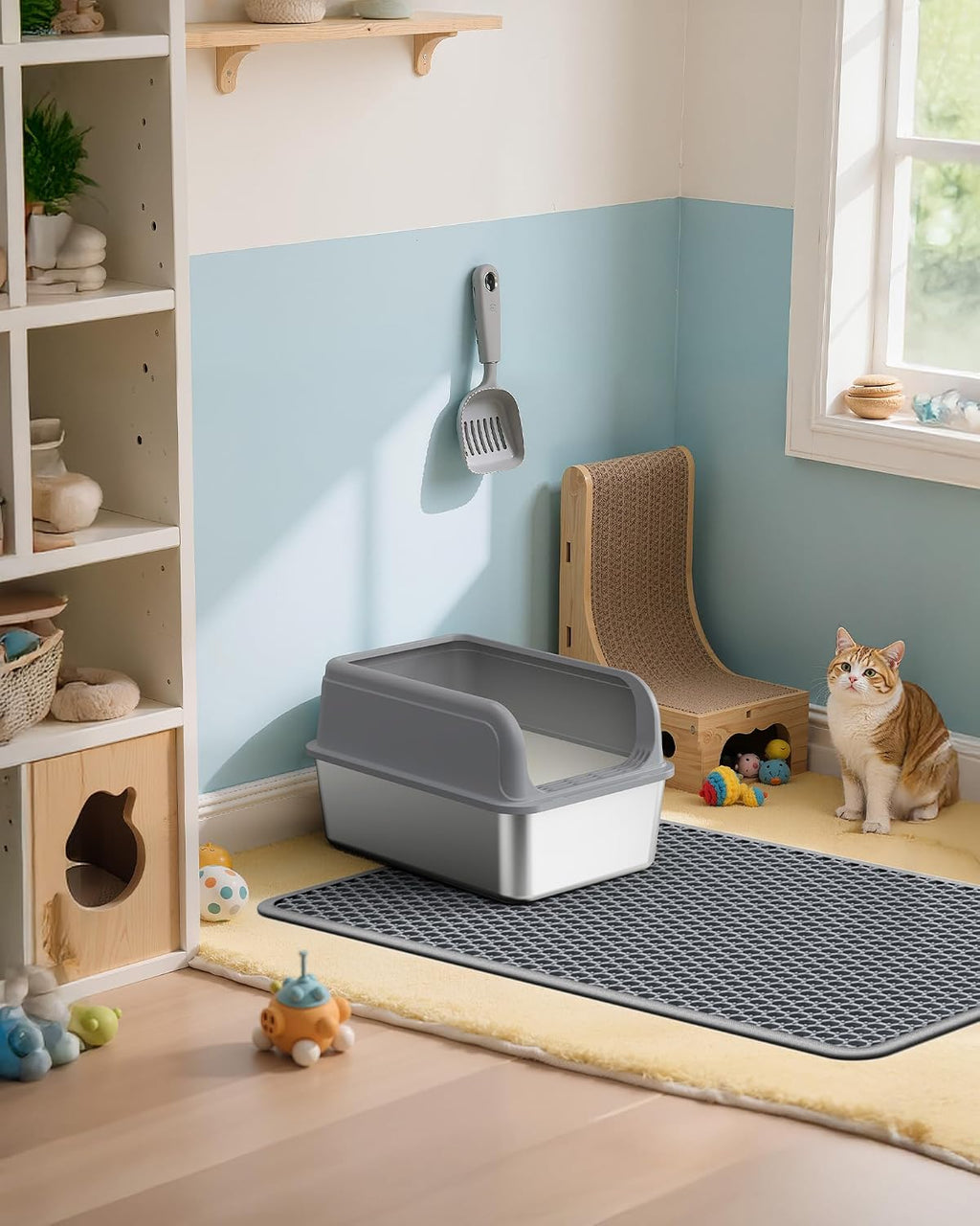 Powools Cat Litter Mat, 30 x 24 in, Waterproof, Non-Slip, Grey | Litter Trapping Mat, Easy to Clean, Litter Box Mat, Urine-Proof, Cat Toilet Training Systems Accessories, Indoor Cats