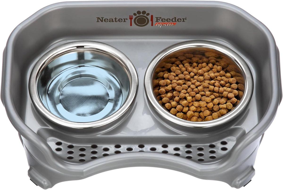 Neater Feeder Express Mess Proof Cat Bowls Elevated, No Spill Feeding Station, Stainless Steel Dishes for Food and Water, Raised Bowls for Indoor Cats, No Fatigue Whisker Friendly Dish, Grey 