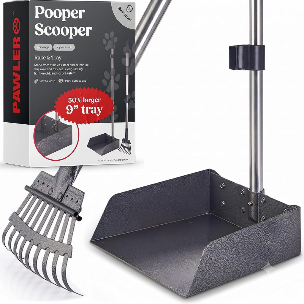 Pawler Pooper Scooper for Dogs with Heavy Duty Long Handle Rake & XL Tray