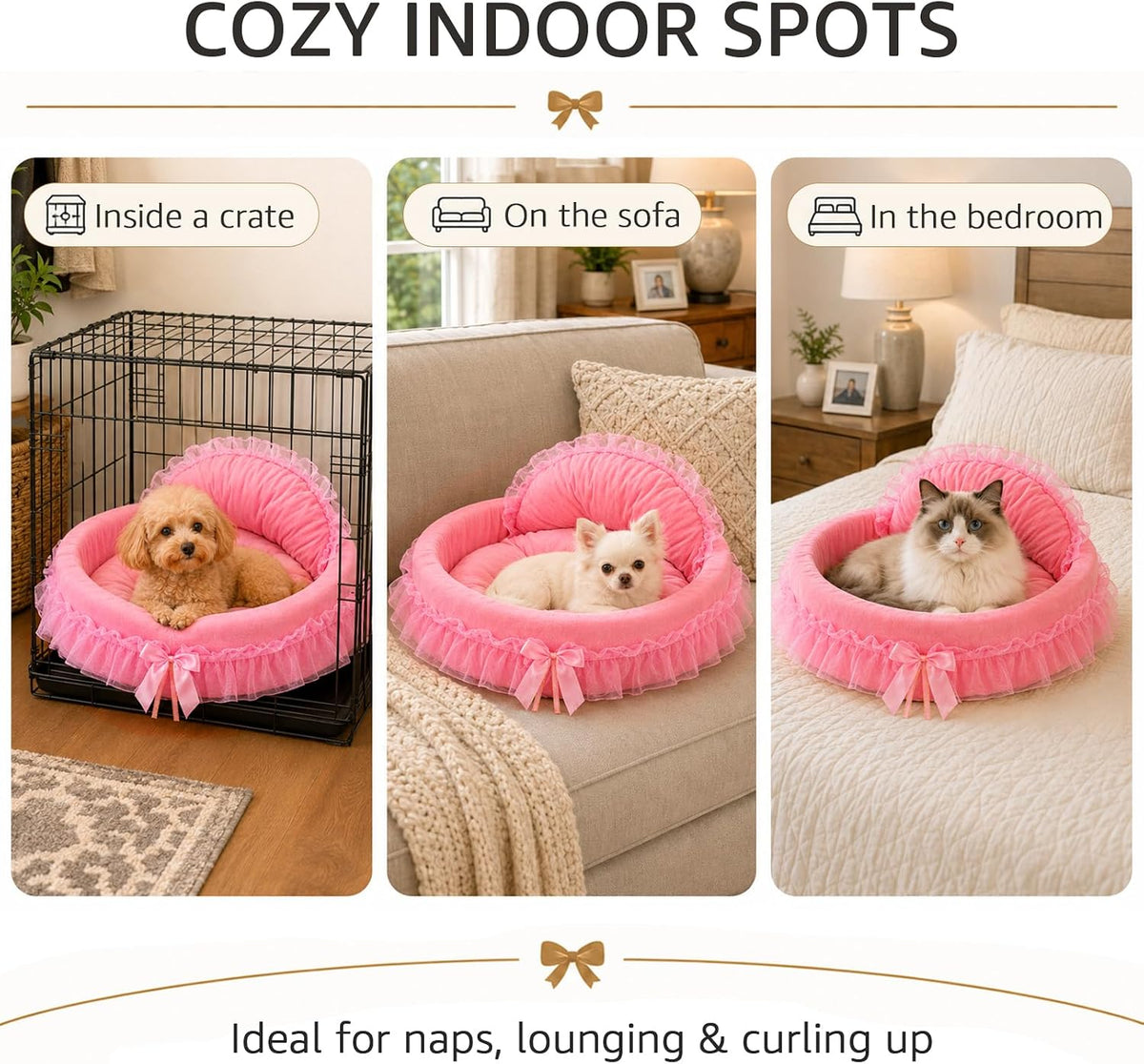Pink Dog Bed Washable Princess Cat Couch Soft Plush Pet Sofa Nest Mat Snuggle Kitten Puppy Cave Beds Cute Cozy Kitten Doggy Kennel Cushion Small Medium Dogs Cats Sleeping Pad (L, Pink)