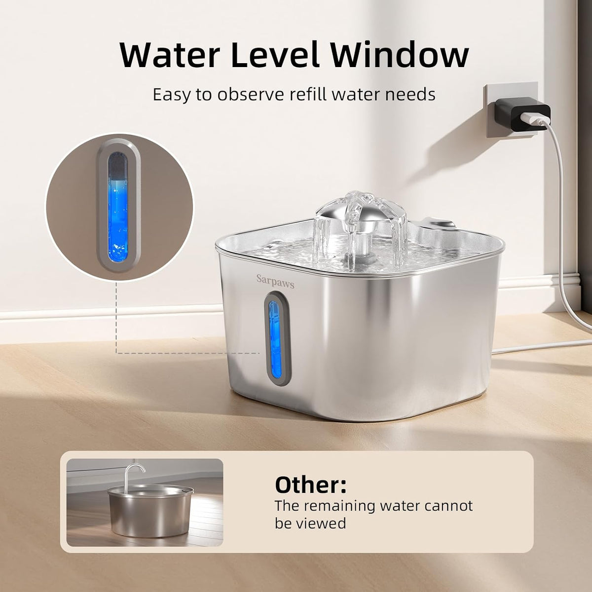 Cat Water Fountain Stainless Steel：74oz/2.2L SARPAWS Water Fountains for Cats Indoor, Cat Fountains for Drinking, Ultra-Quiet, Water Level Window, Pet Water Fountain - 6 Filters + 3 Sponges