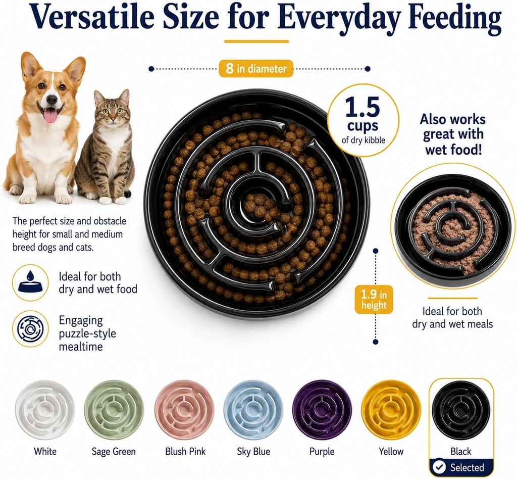 Ceramic Slow Feeder Dog Bowl, 1.5 Cup Puzzle Dish for Small Medium Dogs