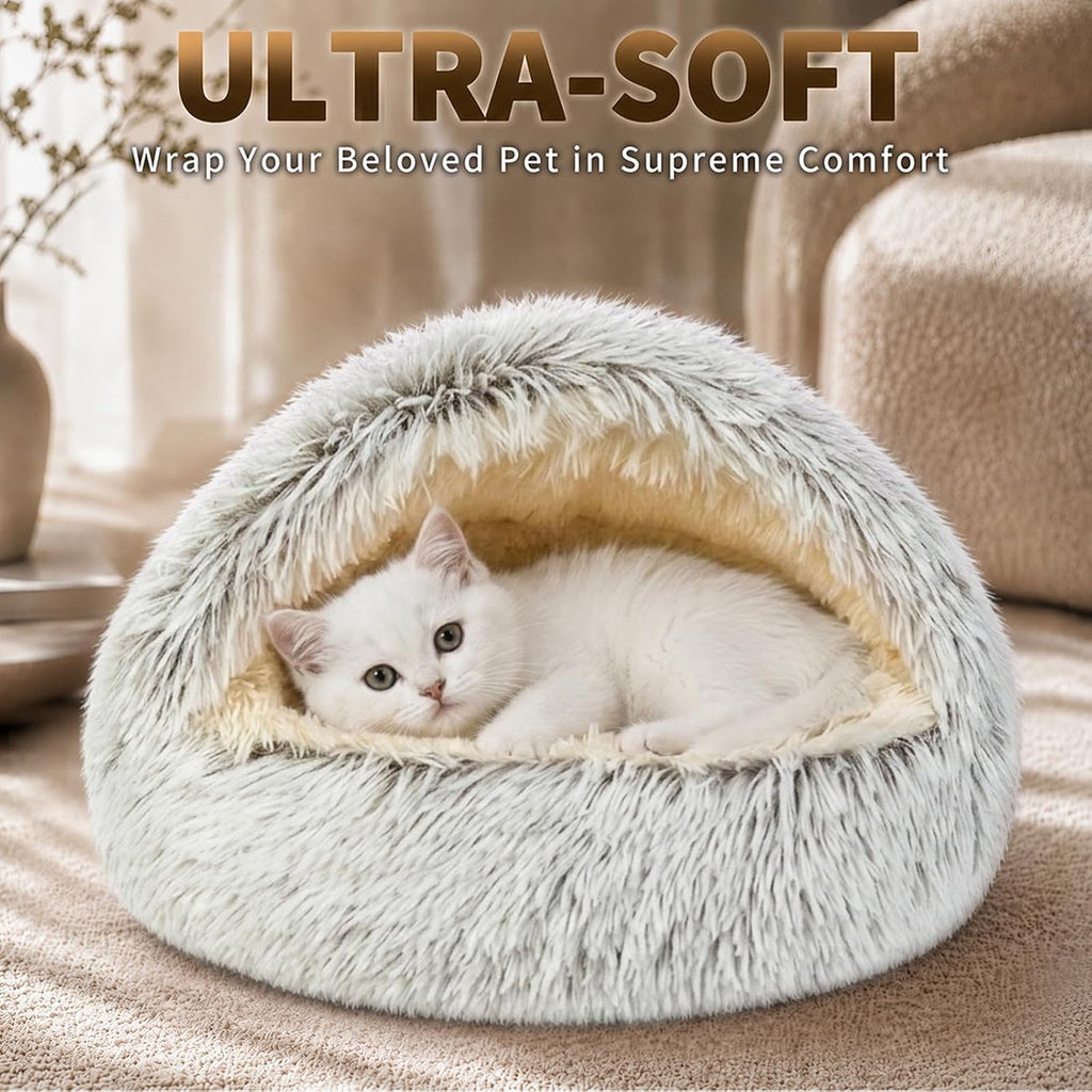 ShinHye Round Plush Fluffy Hooded Cat Bed Cave, Cozy for Indoor Cats or Small Dogs, Waterproof Bottom, Washable（40 in）