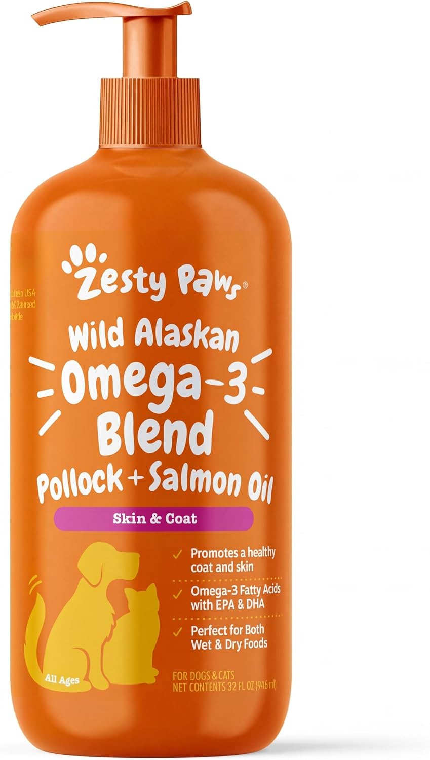 Zesty Paws Salmon Oil for Dogs & Cats - Omega 3 for Dogs & Cats, 32 oz