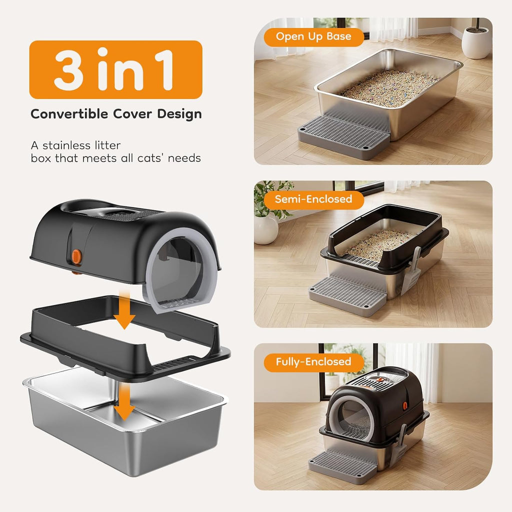 Enclosed Cat Litter Box, Stainless Steel Litter Box with Lid, Black