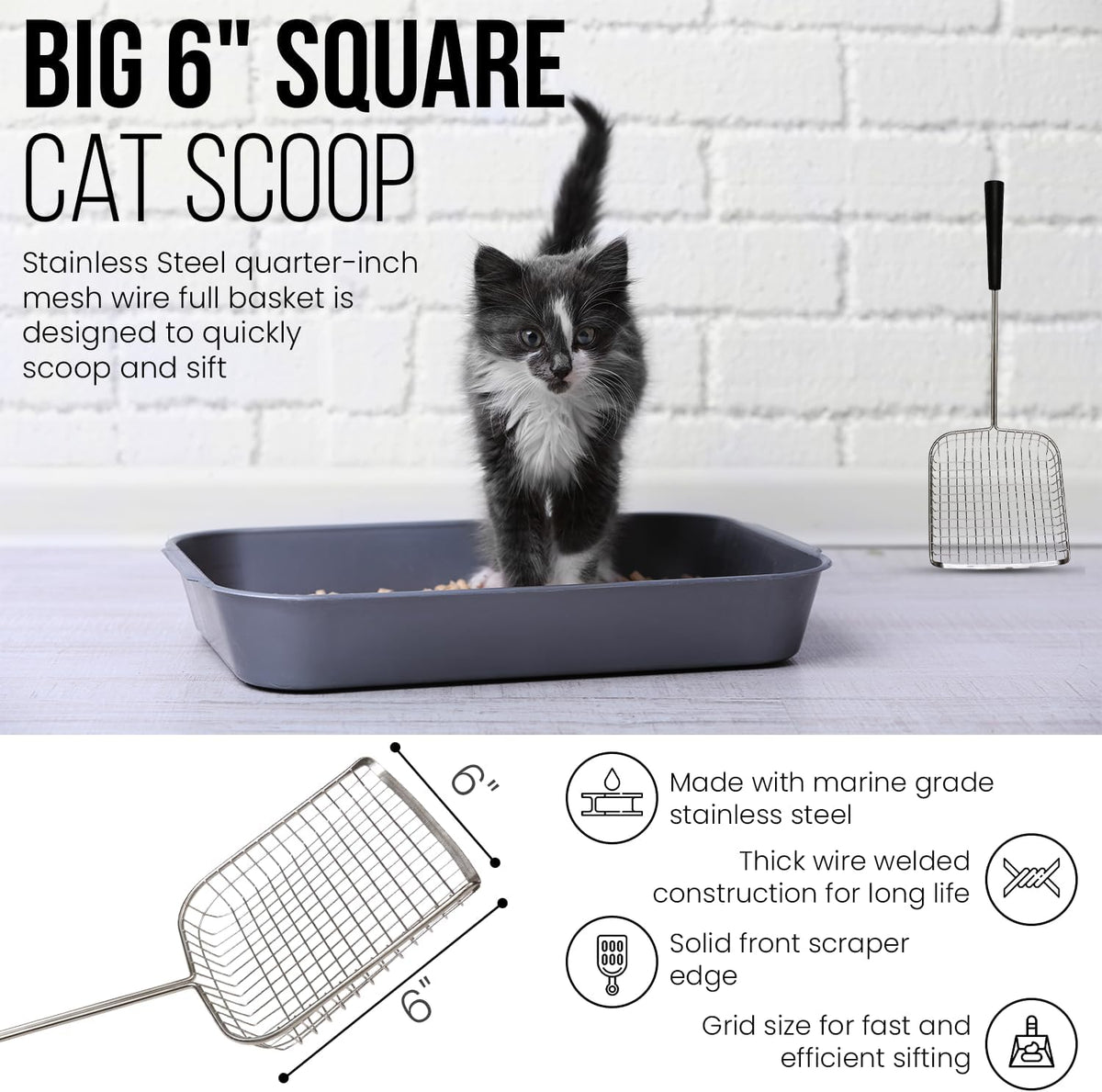 Sand Dipper Cat Poop Scooper & Chicken Poop Scooper - Rugged Big 6" Square Stainless Steel Long Handle for Home Kitty Litter Scoop & Farm Chicken Compatible Coop Scooper (Scoop)