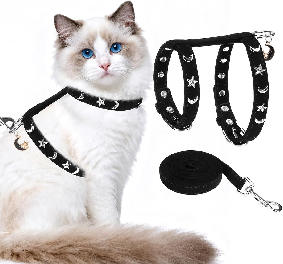 EXPAWLORER Cat Harness and Leash Set - Escape Proof Adjustable Cat Harness, H-shped Comfortable Soft Lightweight Kitten Harness for Outdoor Walking, for Small Medium Cats,Star-Moon S
